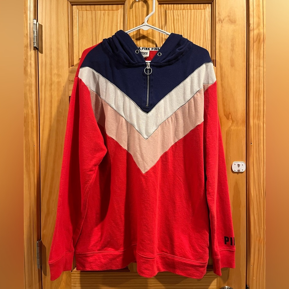 Pink Victoria’s Secret Multicolor 1/4 Zip Pullover Sweatshirt W/ Hood Size Large